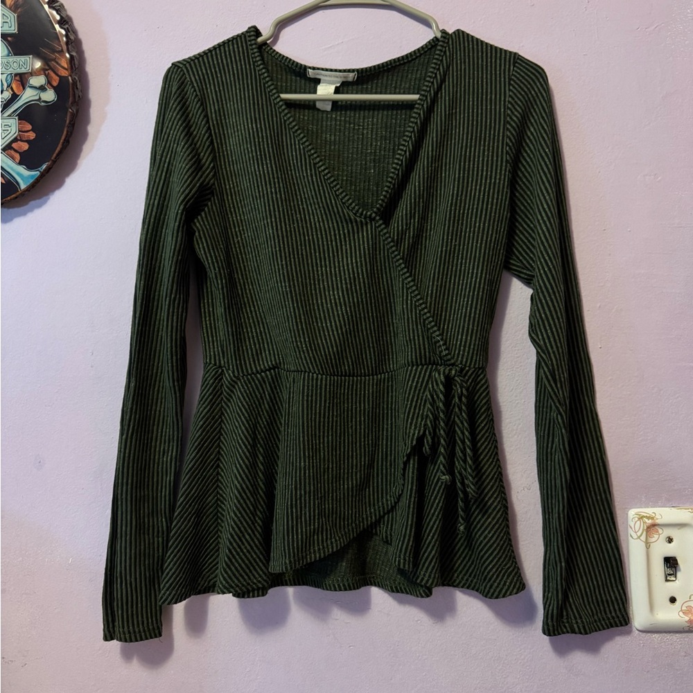 Caution To The Wind Dark Green Black stripe Ribbed Wrap Peplum Babydoll Top